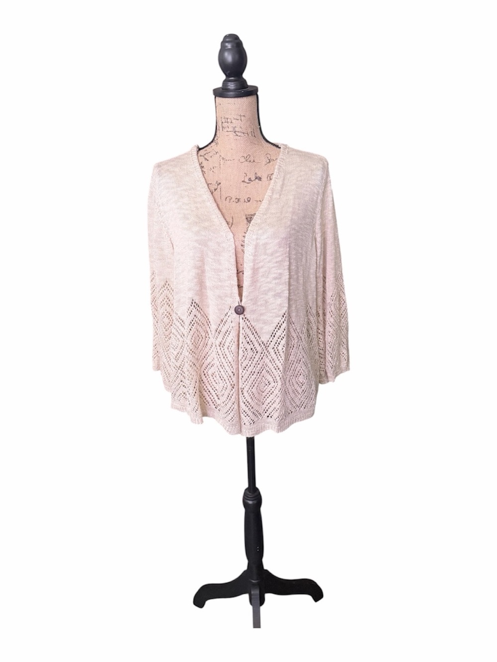 Margeaux & Ellie  Openwork Knit Button-Front Cardigan in Light Beige
